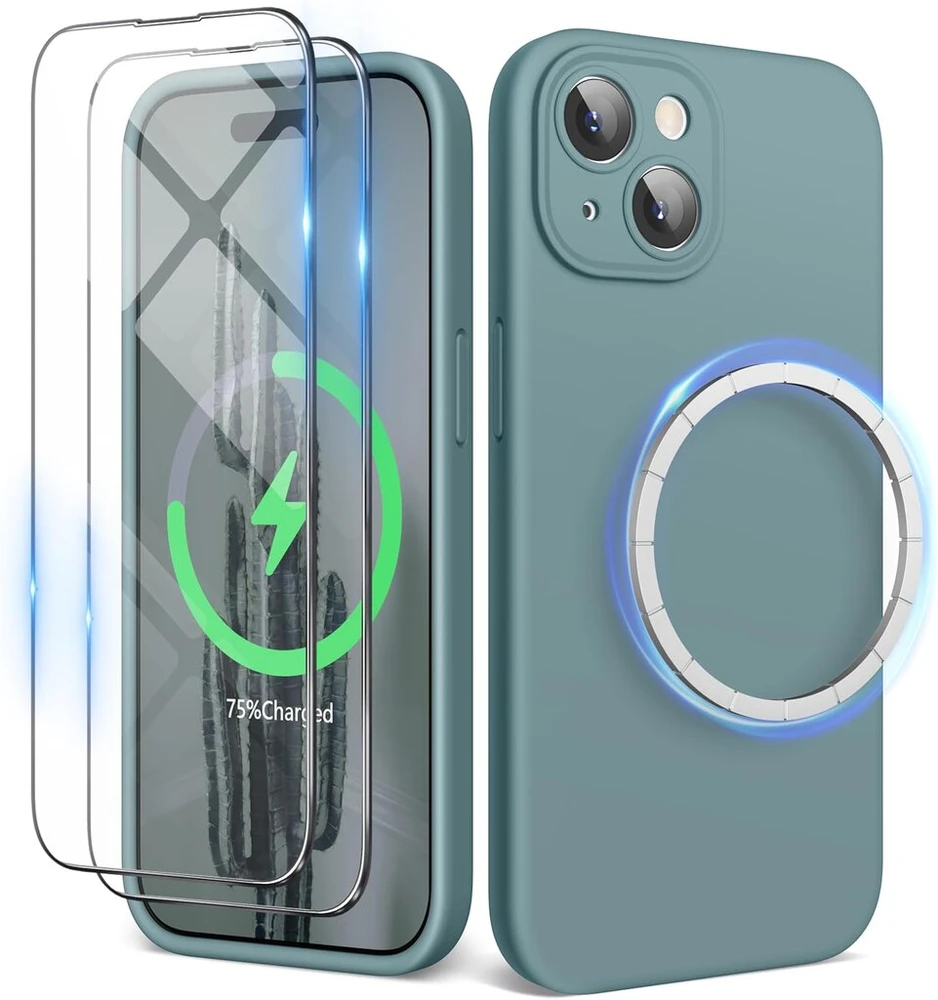 Surphy silikoninis dėklas, skirtas iphone 15 (6,1 colio), suderinamas su magsafe, su ekrano apsauga ir pilna kameros apsauga, mobiliojo telefono dėklas iphone 15 dėklas su magnetais, cactus žalias