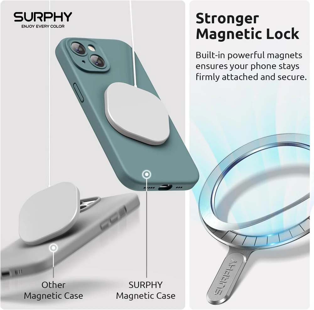 Surphy silikoninis dėklas, skirtas iphone 15 (6,1 colio), suderinamas su magsafe, su ekrano apsauga ir pilna kameros apsauga, mobiliojo telefono dėklas iphone 15 dėklas su magnetais, cactus žalias