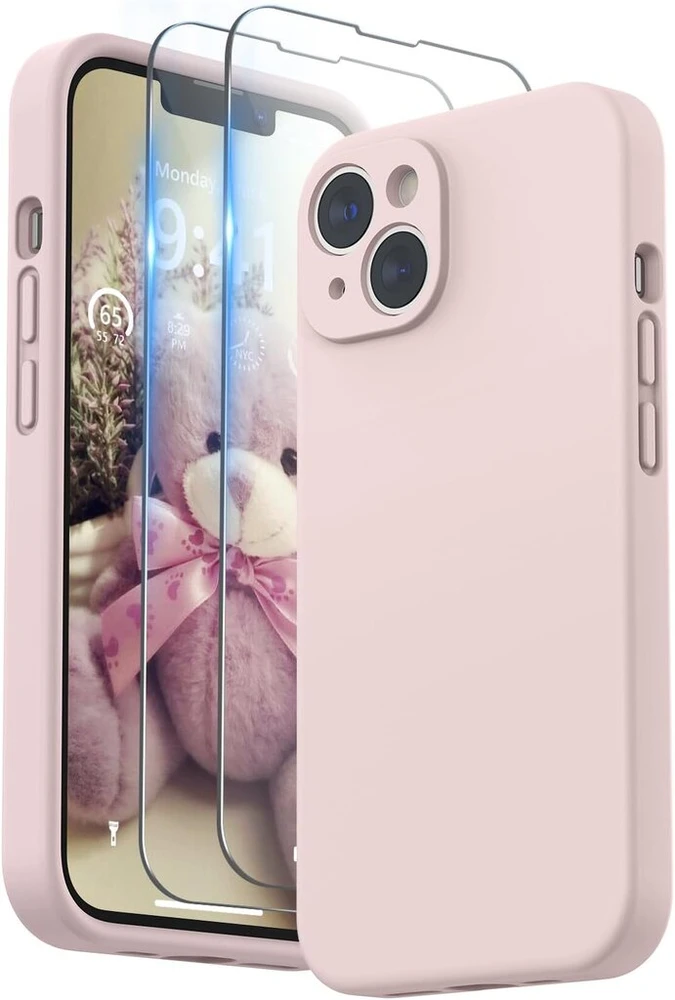 Surphy silikoninis dėklas, suderinamas su iphone 14, su ekrano apsauga, dėklas su kameros apsauga, mobiliojo telefono dėklas, apsauginis dangtelis 6,1 colio (smėlio rožinis)