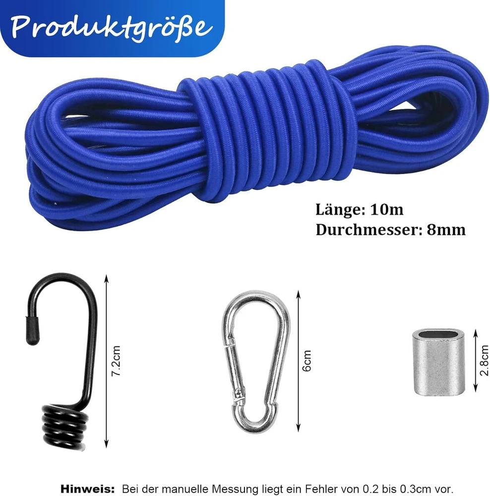 Suruikei guminė virvė 8 mm 10 m tamsiai mėlyna, elastinga tampri virvė, guminė virvė, guminė virvė, guminė juosta, brezentinė virvė, įtempimo virvė su kabliukais, priedai, „pasidaryk pats“ (tamsiai mėlyna, 8 mm x 10 m)