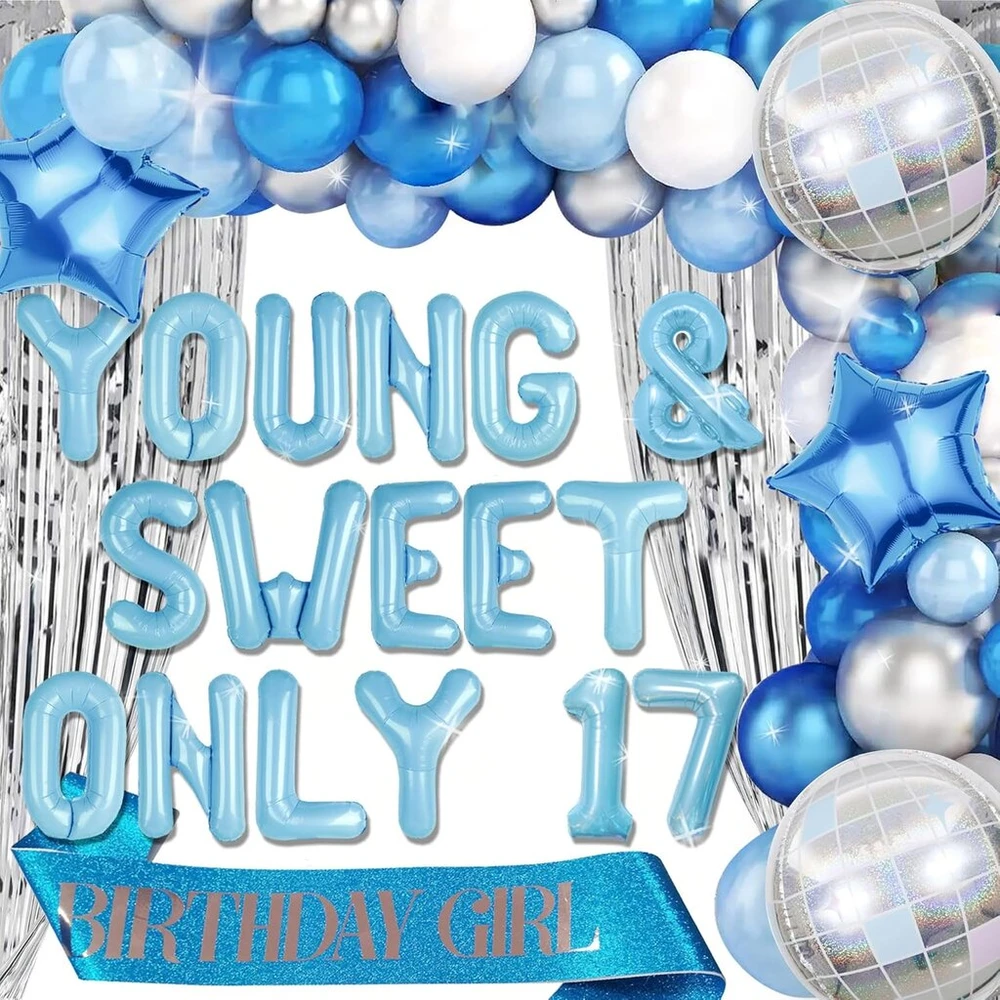 Šventinis 17-asis gimtadienio dekoravimas - Young and Sweet Only 17 balionas - Dancing Queen 17 - sidabro mėlynumo disko balionai