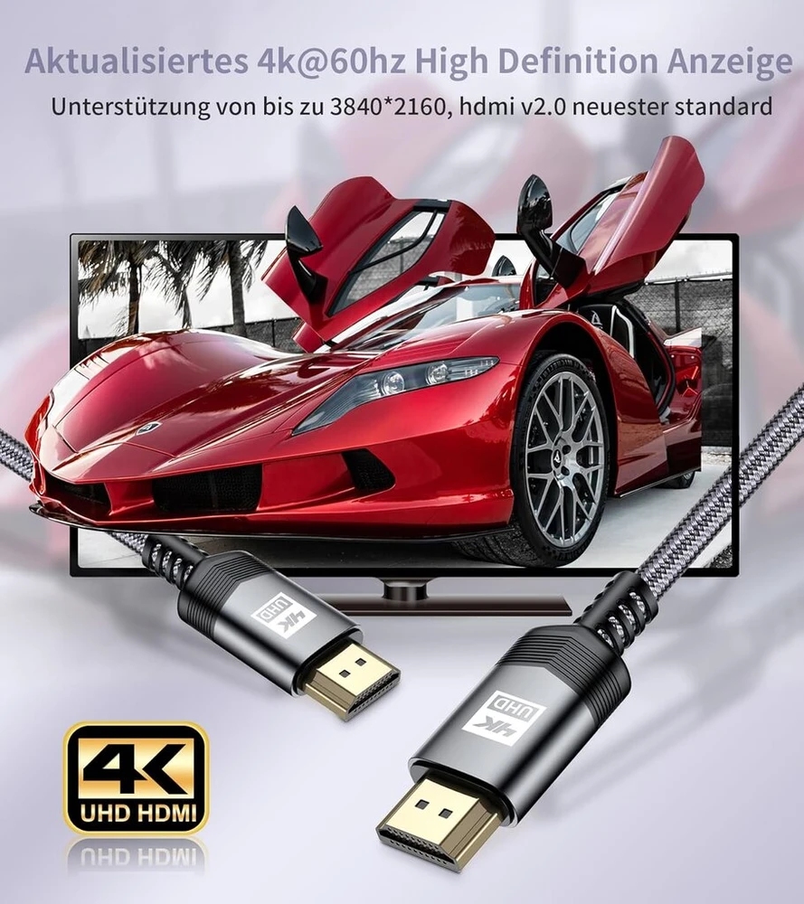 Sweguard 4k Hdmi 3 metrų kabelis, Hdmi 2.0 į Hdmi kabelis 4k @ 60hz 18gbps, nailono pynės kabelis, paauksuotos jungtys su Ethernet/audio Return Channel, suderinamas video 4k Uhd 2160p, Hd 1080p, XBOX Ps4 (pilkas)