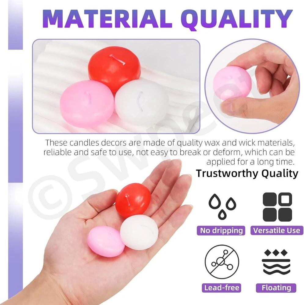 Swpeet 18 vnt. 3,8 cm baltos/rožinės/raudonos spalvos bekvapių plaukiojančių žvakių rinkinys, baltos plaukiojančios diskinės žvakės, nelašančios rankų darbo parafino vaško medvilninės dagtys, skirtos stalo puošmenoms, vestuvėms, vakarėliams
