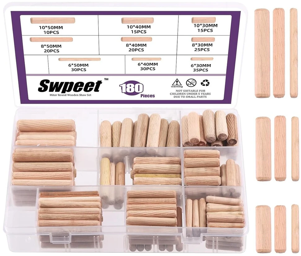Swpeet 200 vnt. 6 mm 8 mm 10 mm mediniai kaiščiai, nuožulnūs galai, smailėjantys kaiščiai, mediniai kaiščiai, baldai, medienos apdirbimas, grioveliais įspaustas kaištis, idealiai tinka lengvam įstatymui, baldams, durims, rankdarbių projektams