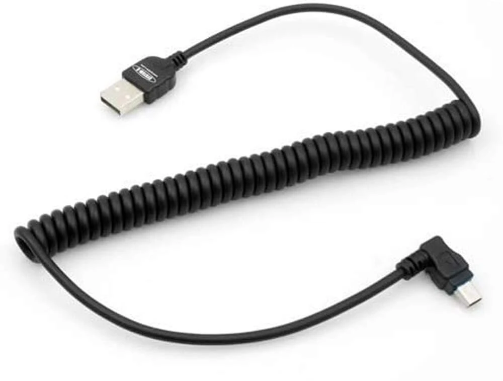 System-s Mini Usb spiralinis duomenų ir įkrovimo kabelis su 90 laipsnių kampu prijungta jungtimi, kampinis, 50 cm - 90 cm ištempiamas