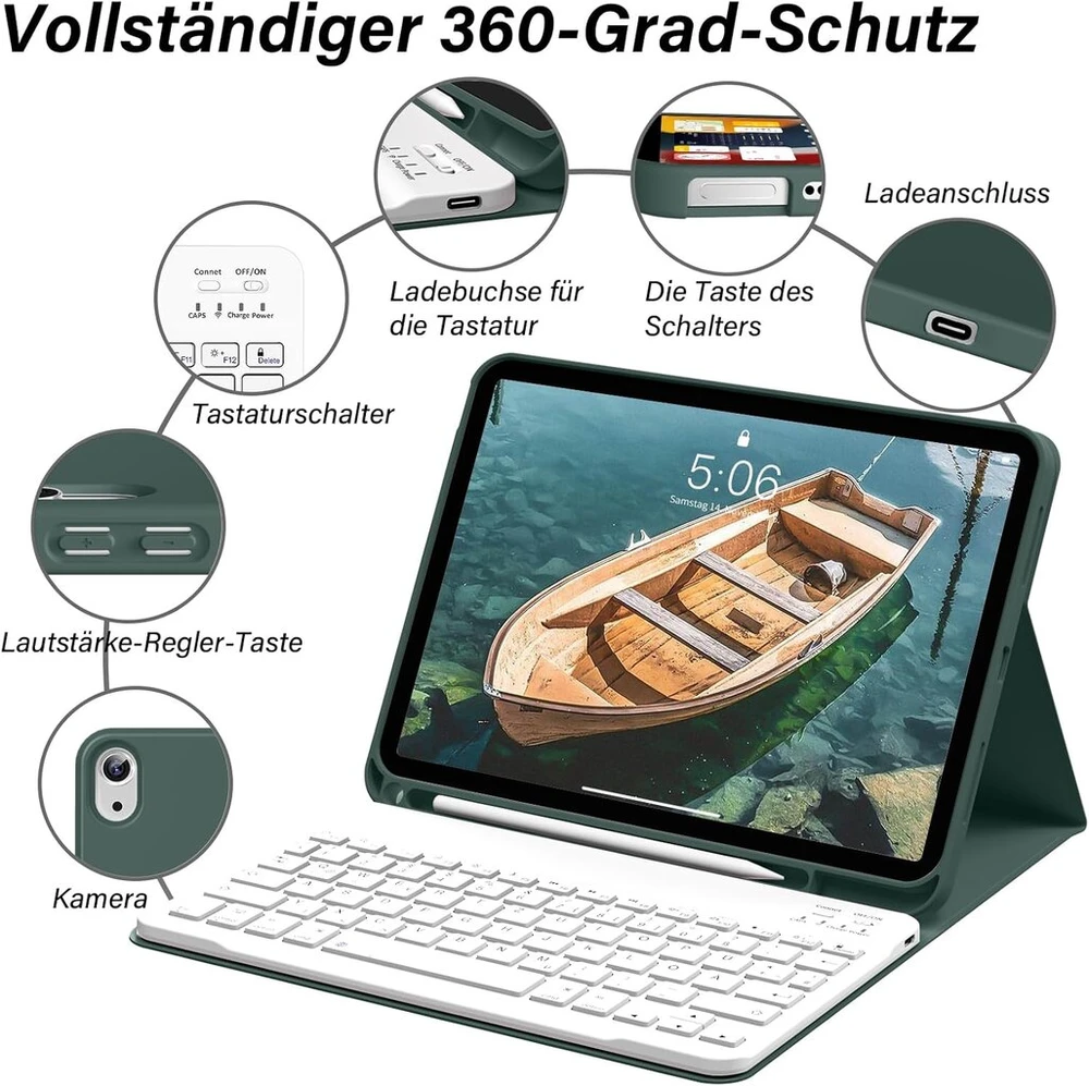 Szpsgc dėklas, skirtas ipad 10 generation 10.9 colių 2022 su klaviatūra, qwertz išdėstymas, magnetinė nuimama bluetooth klaviatūra, lankstus tpu dėklas, skirtas ipad 10th generation su rašiklio laikikliu, tamsiai žalias