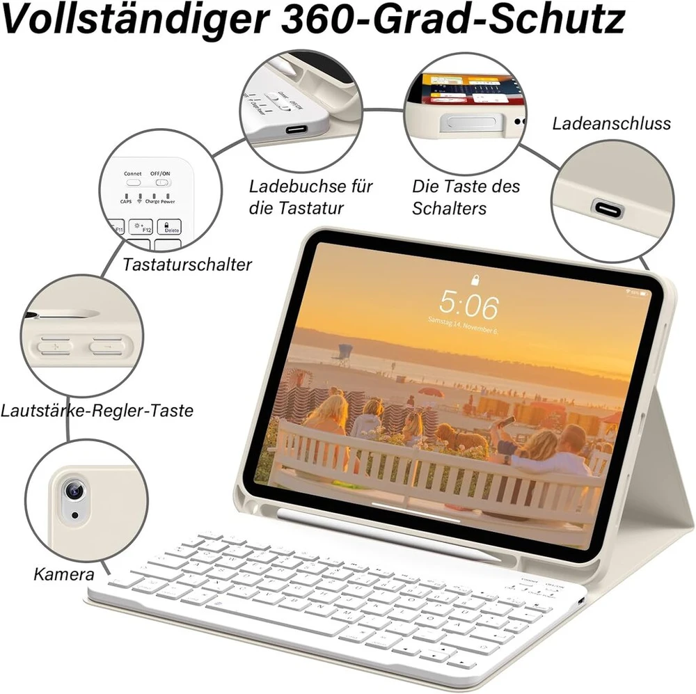 Szpsgc dėklas, skirtas ipad 10 generation 10.9 colių 2022 su klaviatūra, qwertz išdėstymas, magnetinė nuimama bluetooth klaviatūra, lankstus tpu dėklas, skirtas ipad 10th generation su rašiklio laikikliu, baltas