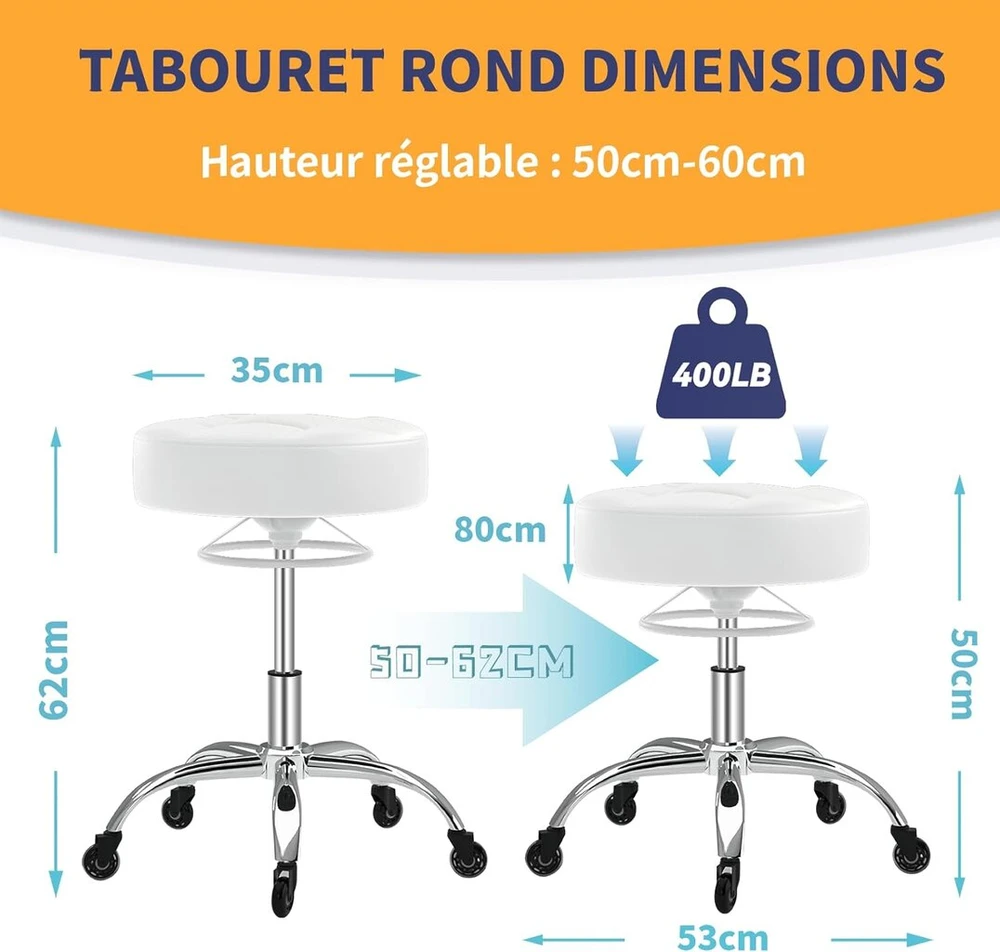 Taburetė su ratukais, reguliuojamo aukščio su pakėlimo žiedu, storu putų paminkštinimu, minkšta ir patogi su 360° ratukais, biuro taburetė, kurios apkrova iki 180 kg, Spa Lounge (baltas)
