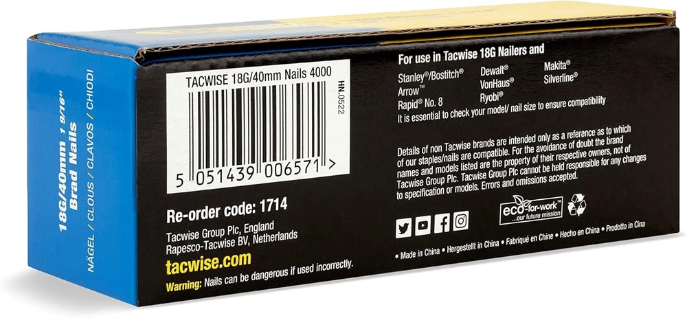 Tacwise 1714 vinukai be galvučių 18g 40 mm cinkuoti sidabriniai 40 mm