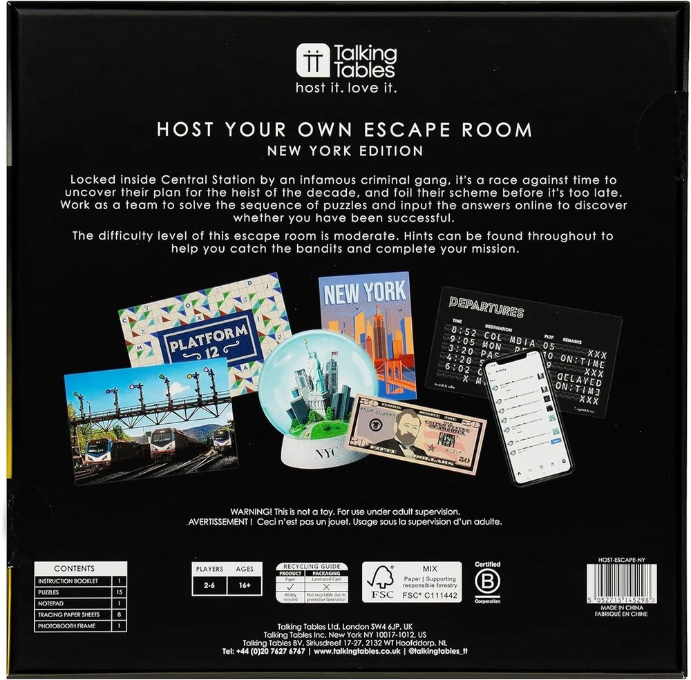 Talking Tables Host Your Own Escape Room Game New York Edition | Interaktyvus žaidimas visai šeimai | Spręskite galvosūkius ir raskite užuominų, kad pabėgtumėte laiku | 2-6 žaidėjai