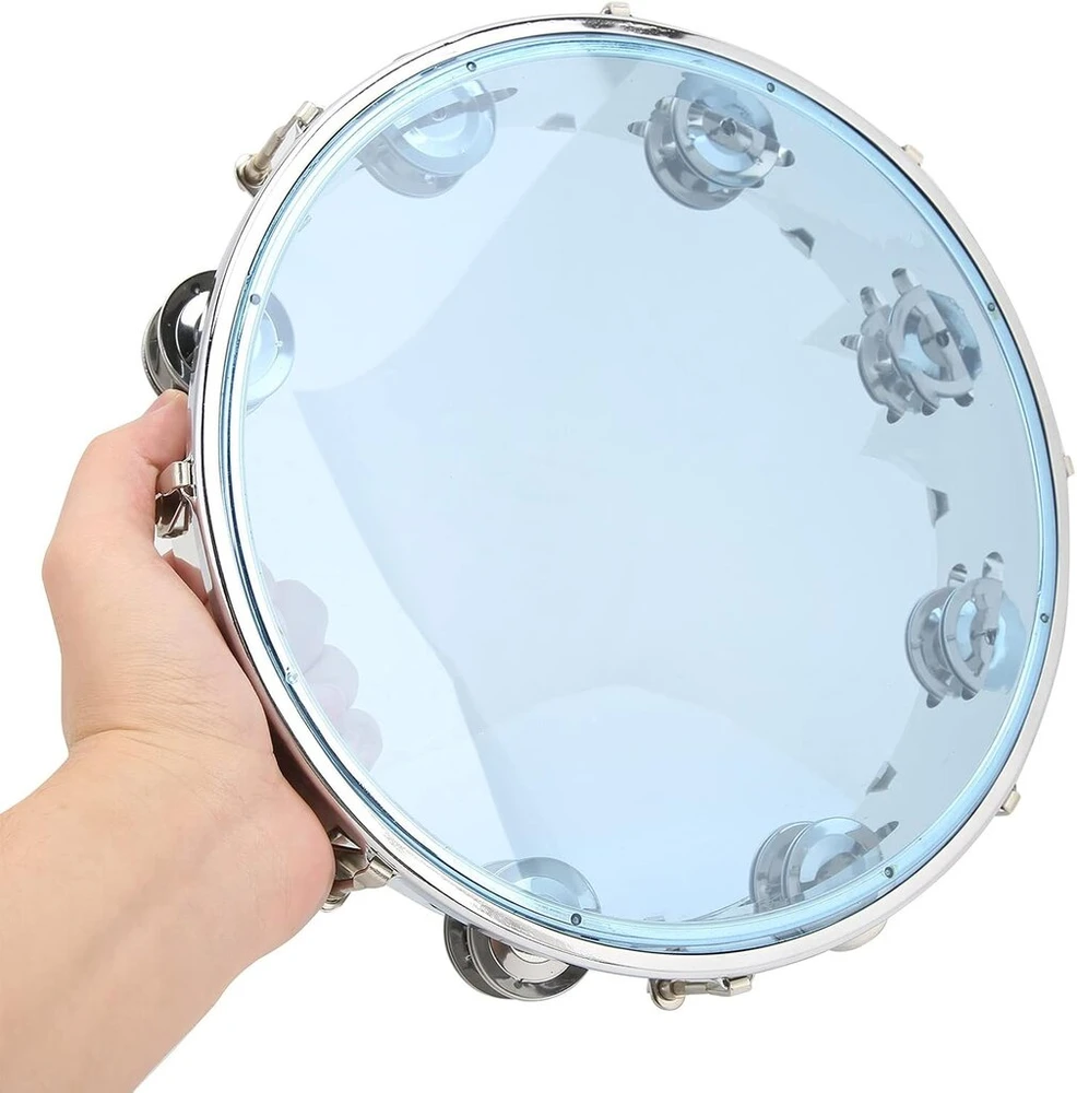 Muzikinis centras Tamburinas suaugusiems 25 cm dviguba eilė metalinių žvangučių rankinis muzikinis edukacinis būgnas vakarėlių žaidimams (mėlynas)