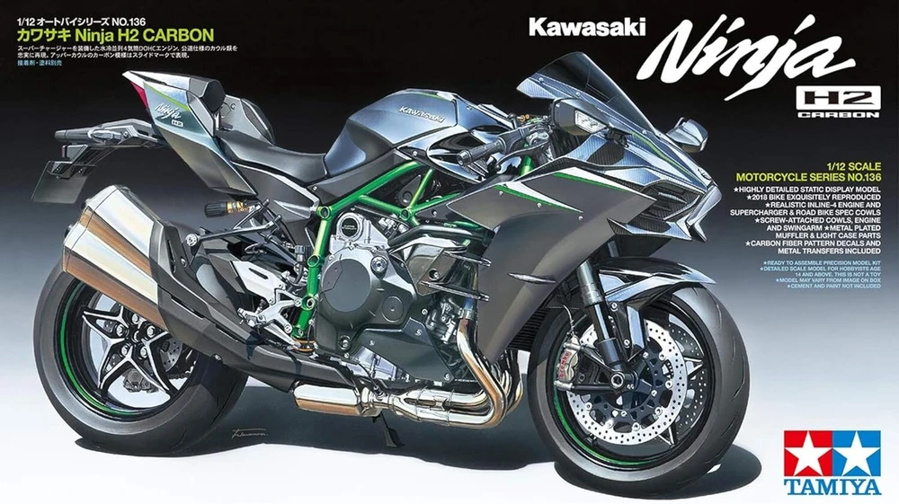 Tamiya 300014136 1:12 Kawasaki Ninja H2 Carbon, tiksli kopija, modelio konstravimas, plastikinis rinkinys, rankdarbiai, hobis, klijavimas, modelio rinkinys, surinkimas, nedažytas, vidutinis