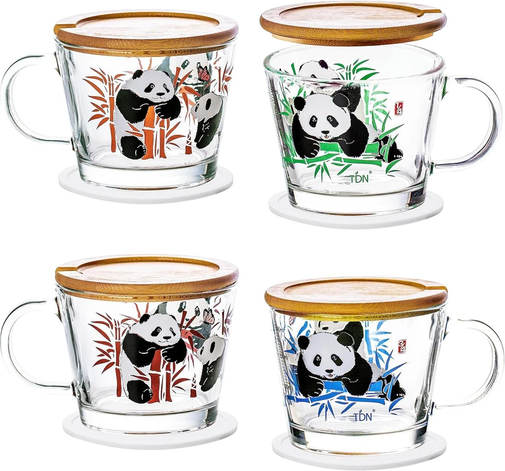 Tdn Panda arbatos stiklinės su rankena, 4 vnt., kavos stiklinės su dangteliu, 400 ml, Panda dovanų kapučino stiklinės arbatai, kavai, vandeniui, latte macchiato, galima plauti indaplovėje