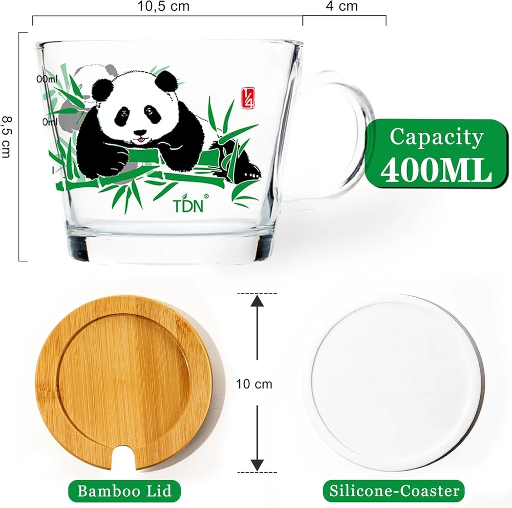 Tdn Panda arbatos stiklinės su rankena, 4 vnt., kavos stiklinės su dangteliu, 400 ml, Panda dovanų kapučino stiklinės arbatai, kavai, vandeniui, latte macchiato, galima plauti indaplovėje