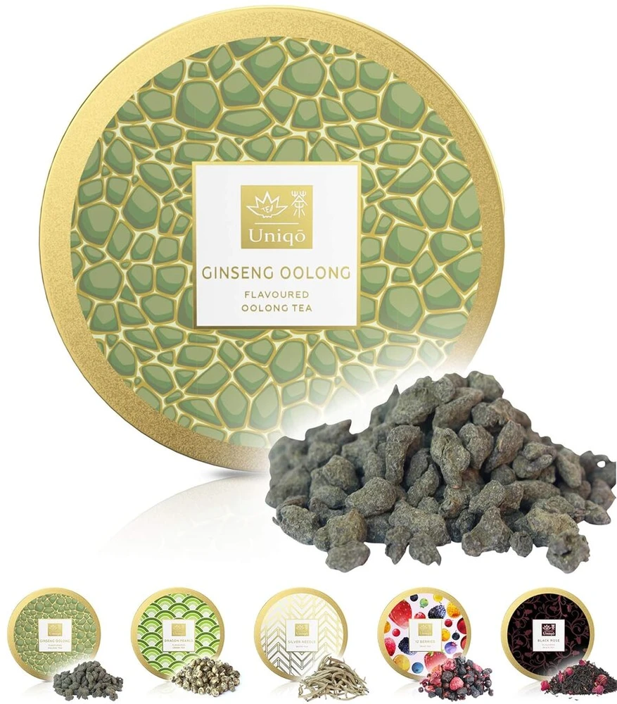 Tea Uniqō® Ginseng Oolong arbata - subtilūs aromatai, skirti mėgautis aukščiausios kokybės arbata | Natūraliai aromatizuota Oolong arbata palaida elegantiškoje dovanų skardinėje | Be glitimo - be laktozės - veganiška - be priedų
