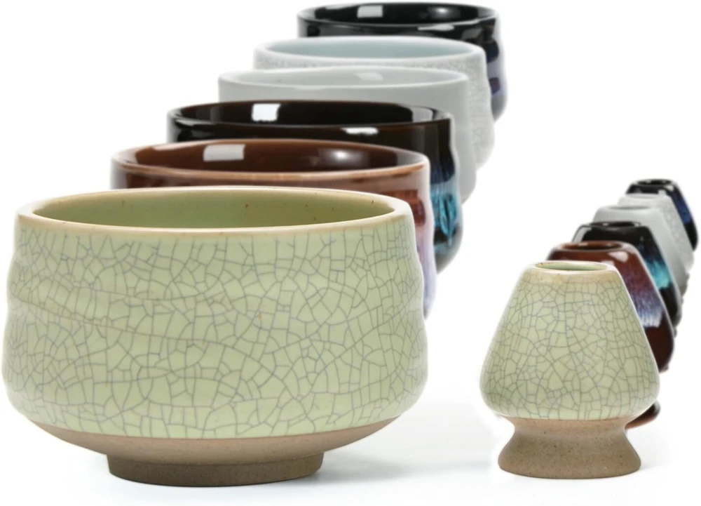Teanagoo chawan matcha arbatos dubuo ir matcha šluotelės laikiklis, chase laikiklis, mb-6, 510 ml, matinė šviesiai žalia su juodomis siūlėmis, 2 grandinėlės/dėžutės