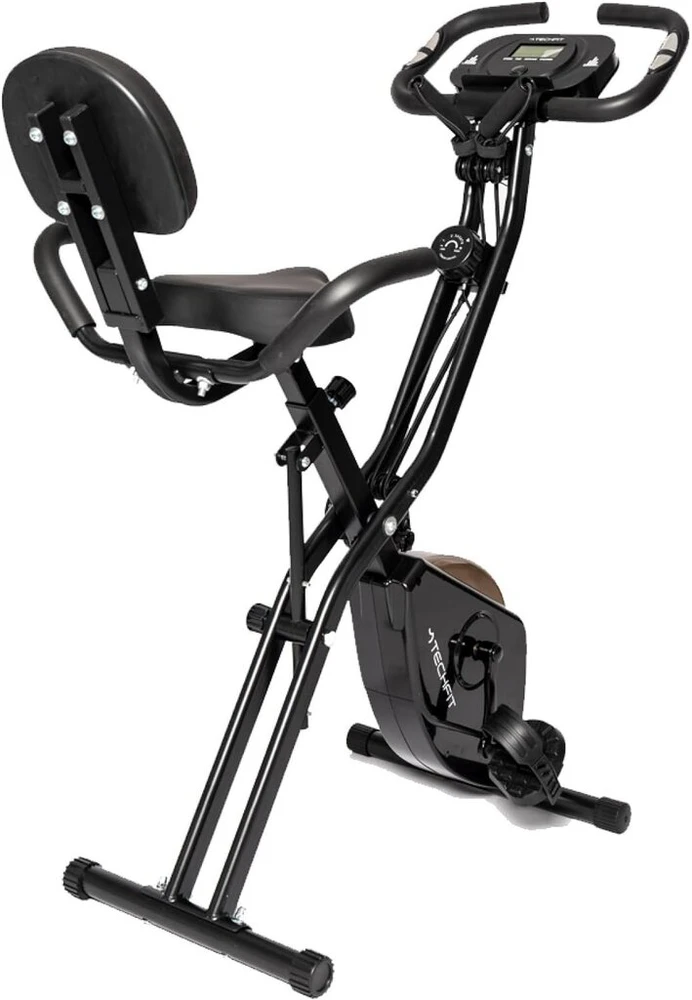 Techfit Sulankstomas treniruoklis dviratis su 8 pasipriešinimo lygiais ir 4kg smagračio mase - Lcd ekranas, pulso jutikliai, atlošas, vietą taupantis, treniruoklis dviratis su treniruočių juostomis namams, 120 kg apkrovos talpa