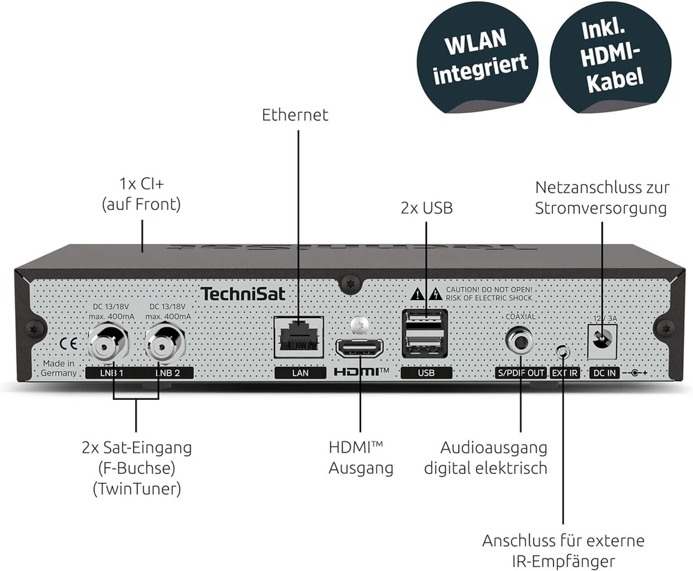 Technisat Digiplus Uhd S2-4k palydovinis imtuvas su alfanumeriniu ekranu ir dvigubu imtuvu (dvb-s/dvb-s2, Hevc, H.265, Pvr įrašymo funkcija, Wlan, Lan, Ci+, Usb, Oled) juodas