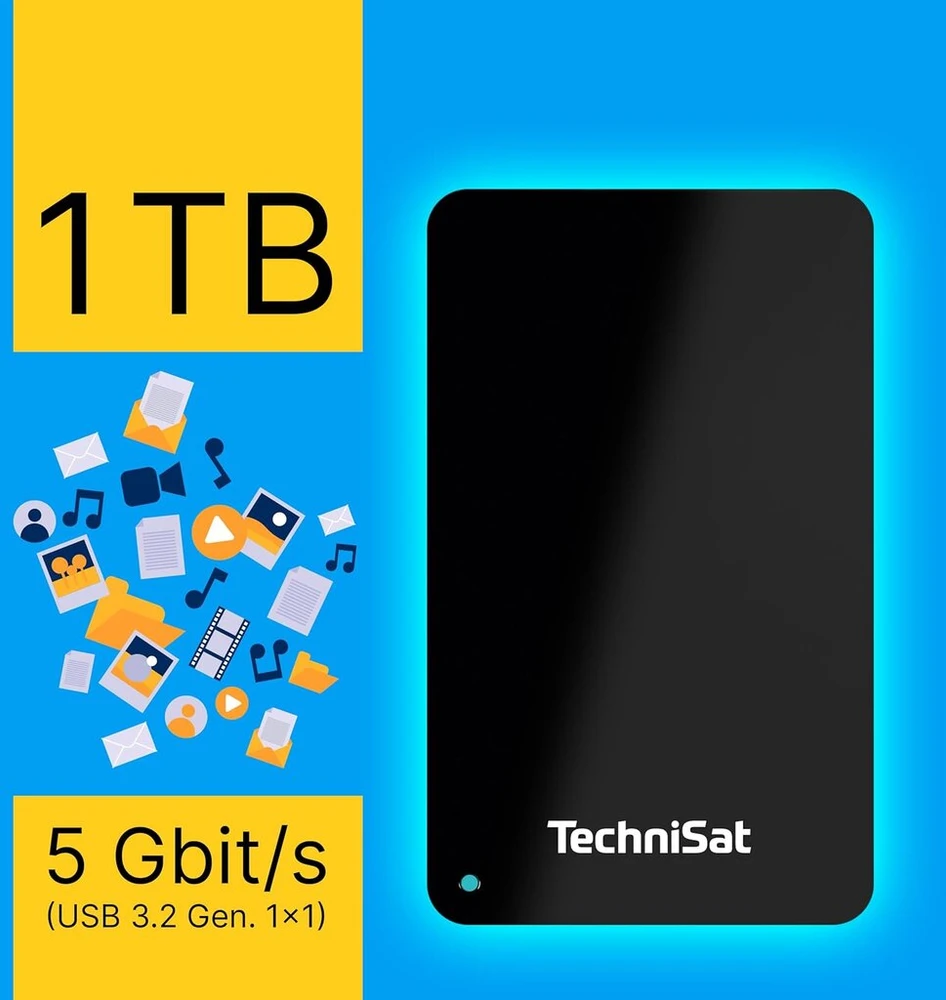 Technisat Streamstore 24-2.5 colių Usb 3.2 išorinis kietasis diskas su 1 Tb talpos ir Led ekranu (1000 Gb talpa, duomenų perdavimo sparta 5 Gb/s, Usb A tipo kabelis)