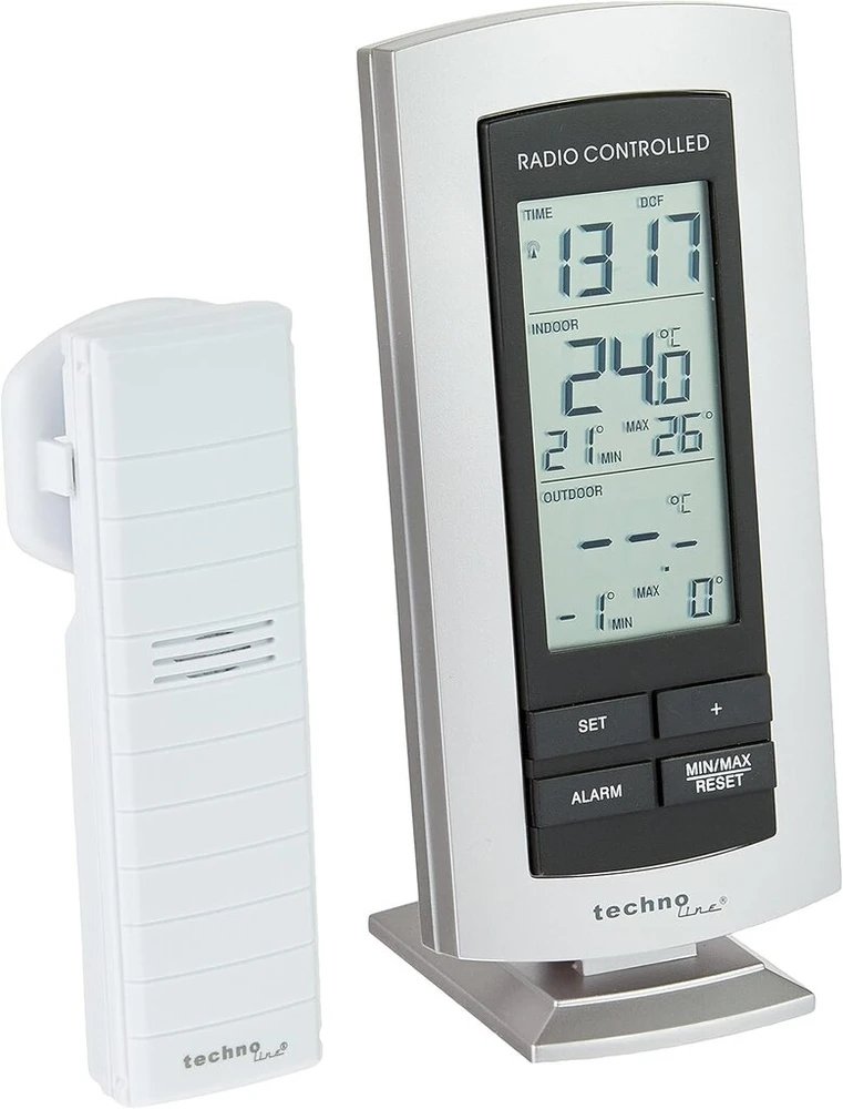 Technoline Ws 9140-it klasikinis meteorologijos stotis su radijo laikrodžiu, vidaus ir lauko temperatūros ekranu, sidabrinis, 7.3 x 2.5 x 15.8 cm