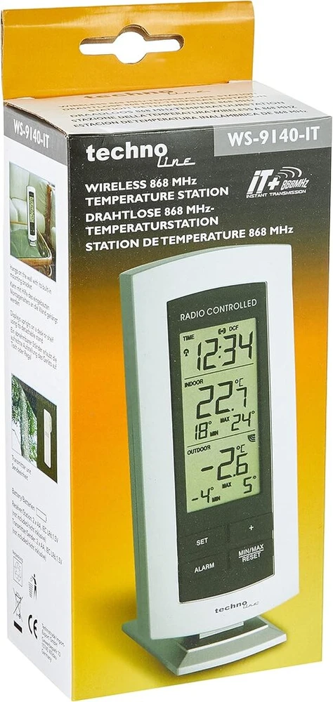 Technoline Ws 9140-it klasikinis meteorologijos stotis su radijo laikrodžiu, vidaus ir lauko temperatūros ekranu, sidabrinis, 7.3 x 2.5 x 15.8 cm