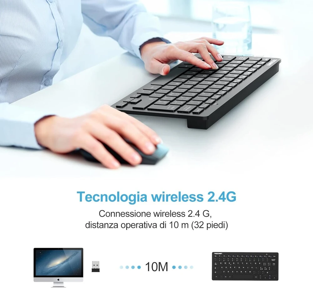 Tecknet belaidė kompiuterio klaviatūra, belaidė klaviatūra, skirta windows ir android smart tv, itin ilgas baterijos veikimo laikas, itališkas qwerty išdėstymas, tyli ir itin plona