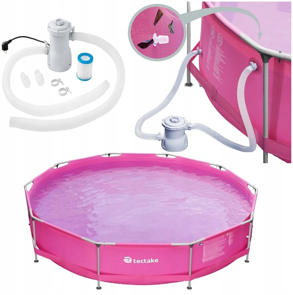 Tectake sodo baseinas su rėmu, rožinis, su filtro siurbliu, 300 cm, didelis, plieno