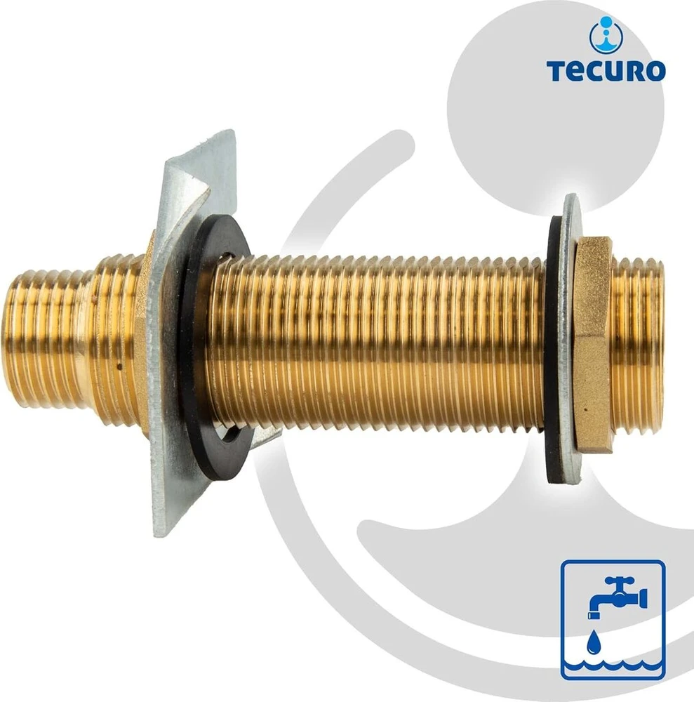 Ventiliatorius Tecuro Sieninis perėjimas sienų storiams iki 34 mm žalvaris G 1/2 x G 3/4 colio aukštos kokybės pagal geriamojo vandens reglamentą 50930-6, su griebtuvo plokšte