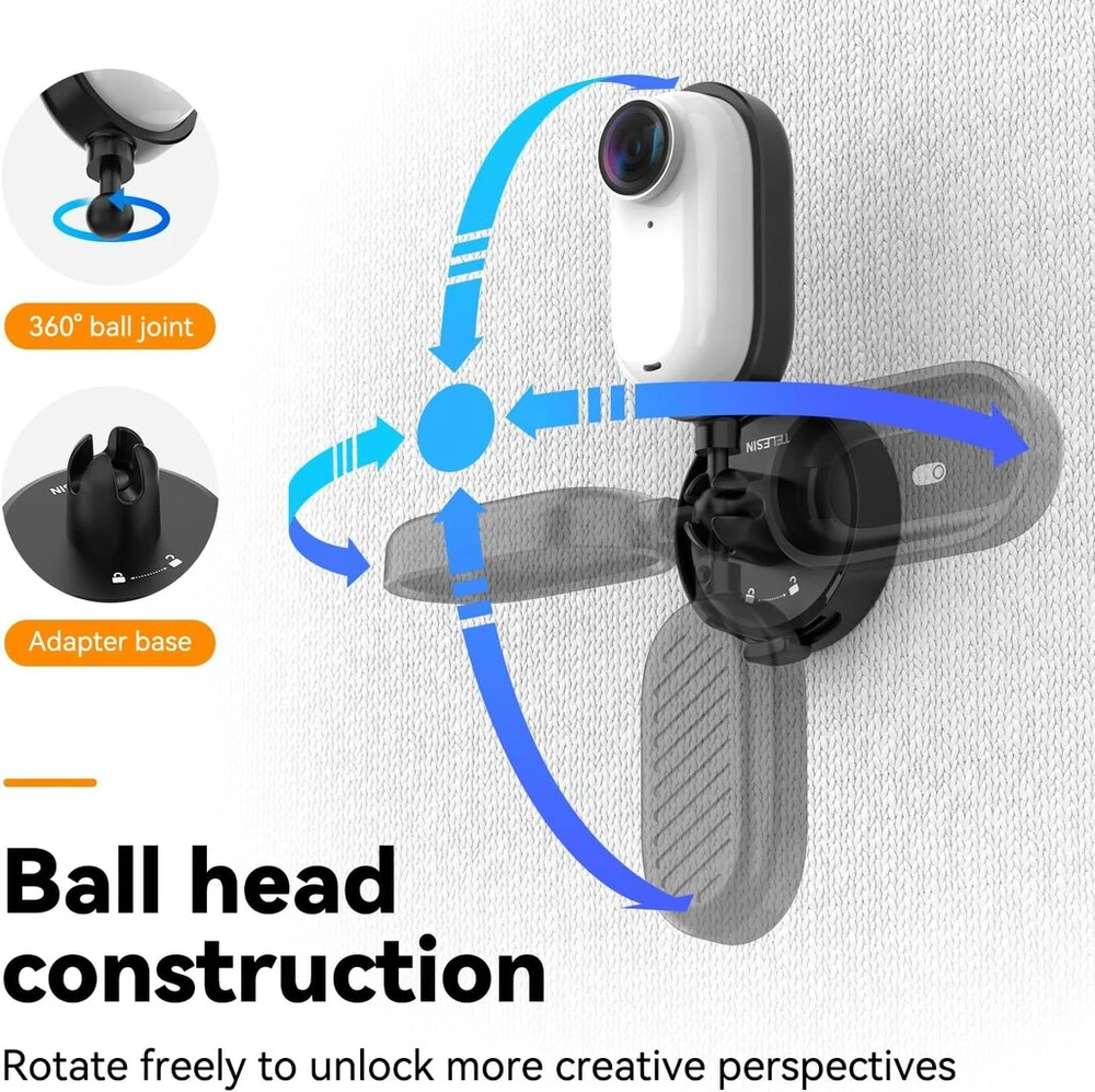Telesin magnetinis laikiklis, skirtas Insta 360 Go3/go3s, laikiklis su 360° besisukančia galvute, lanksčiai fiksuojamas kampas, veiksmo kameros priedas, skirtas Insta 360 Go3/go3s