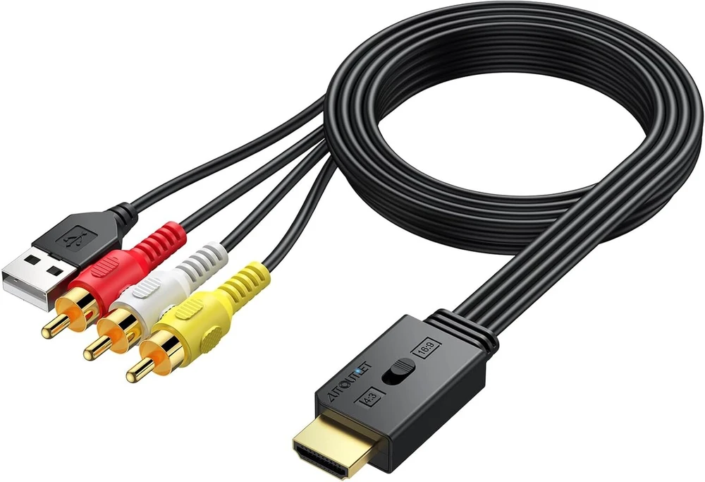 Televizorius Autoutlet Rca į Hdmi konverteris, 1080p Av į Hdmi adapteris Av į Hdmi palaiko 16:9/4:3 konvertavimą, Pal/ntsc, Rca į Hdmi adapteris su 150 cm Male Rca laidu, skirtas Dvd, Vhs ir Vcr grotuvams
