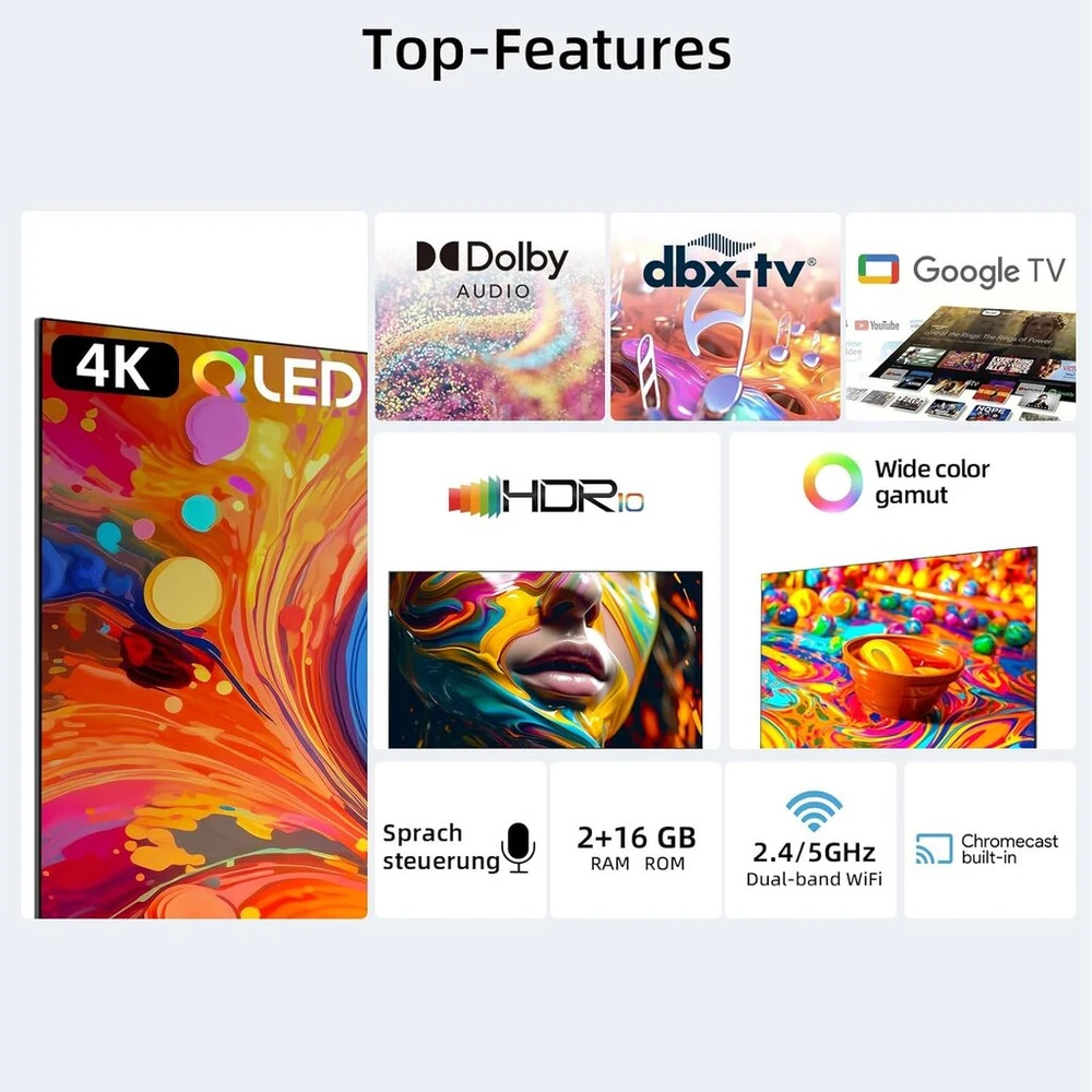 Televizorius Chiq 43 colių qled 4k smart tv, google home, netflix, prime video, wi-fi, bluetooth 5.0, dolby audio, google assistant, chromecast, triple imtuvas, 2024