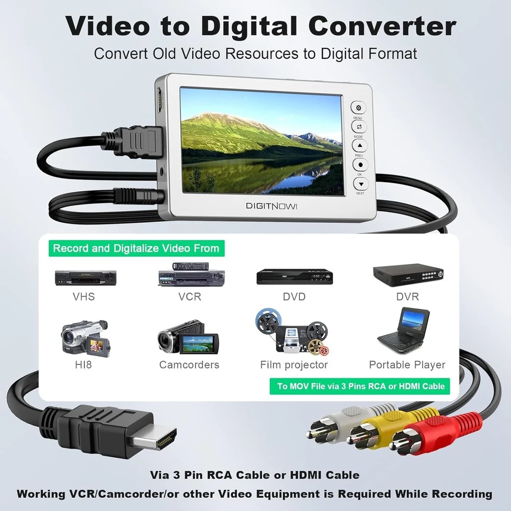 Televizorius Digitnow vaizdo įrašymo įrenginys, usb 2.0 1080p 60 kadrų per sekundę vaizdo konverteris su 5 colių oled ekranu, hdmi av vaizdo įrašymo įrenginys iš vaizdo magnetofono, dvd, vhs kasečių, hi8, vaizdo kameros, žaidimų sistemų