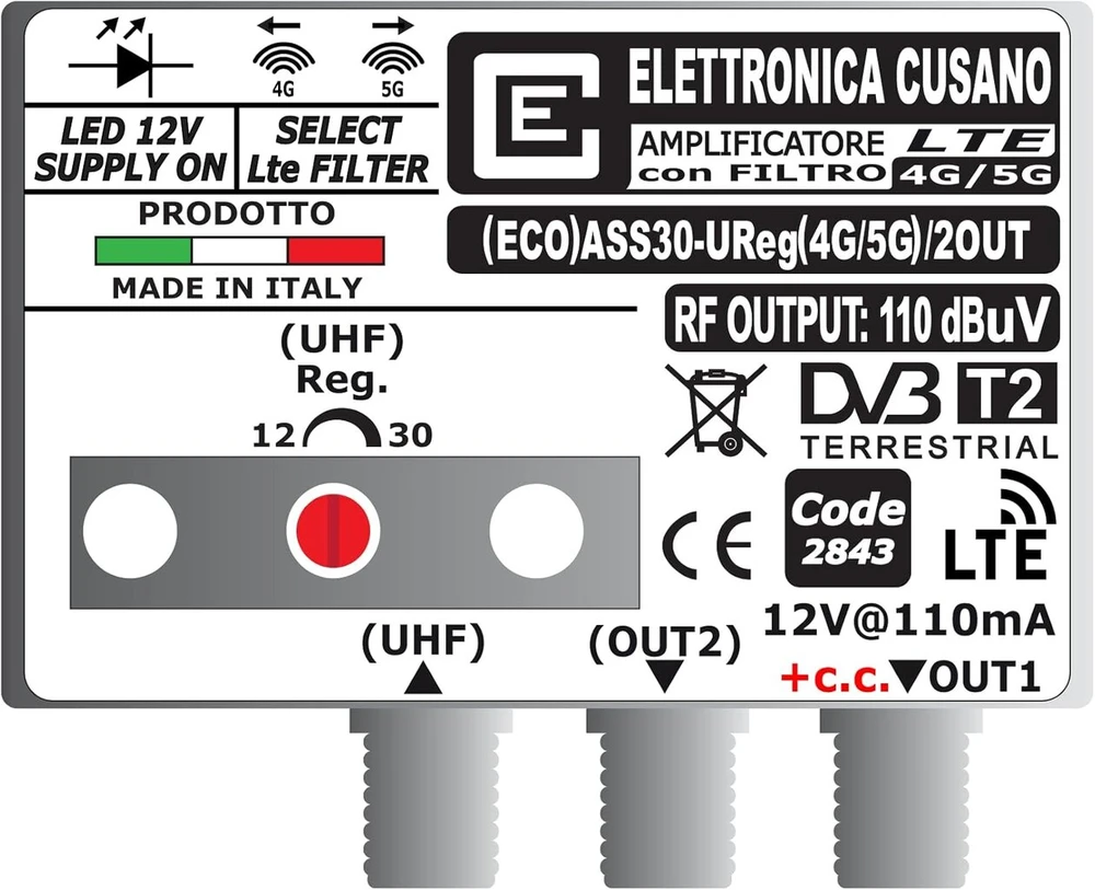 Televizorius (eco) ass30-ureg(4g/5g)/2out tv antenos stiprintuvas su lte filtru 4g ir 5g (pasirenkamas), antenos stiprintuvas, 1 uhf įvestis, stiprinimas 30 db, antenos stiprintuvas 2 išėjimai, pagaminta italijoje
