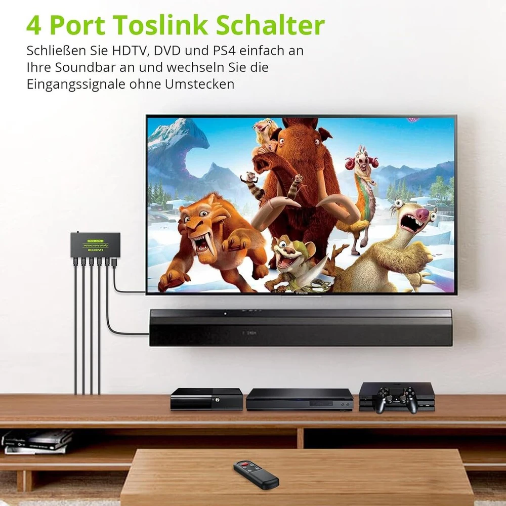 Televizorius Linkfor Spdif Toslink perjungiklis 3 įėjimai 1 išėjimas skaitmeninis optinis audio perjungiklis su Ir nuotolinio valdymo pulteliu palaiko Pcm2.0 Dts Dolby-ac3 skirtas Tv, Ps3, Ps4, Blu-ray grotuvui, kabelinei televizijai, Hdtv