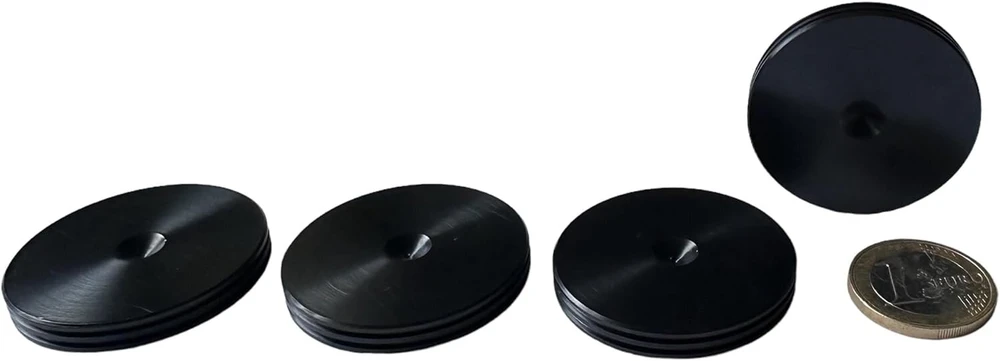 Televizorius Precisiongeek 4 x juodos spalvos anoduoto aliuminio garsiakalbių padėkliukai dideli ploni 40 mm skersmens, skirti Hifi grindinėms kolonėlėms, soundbar