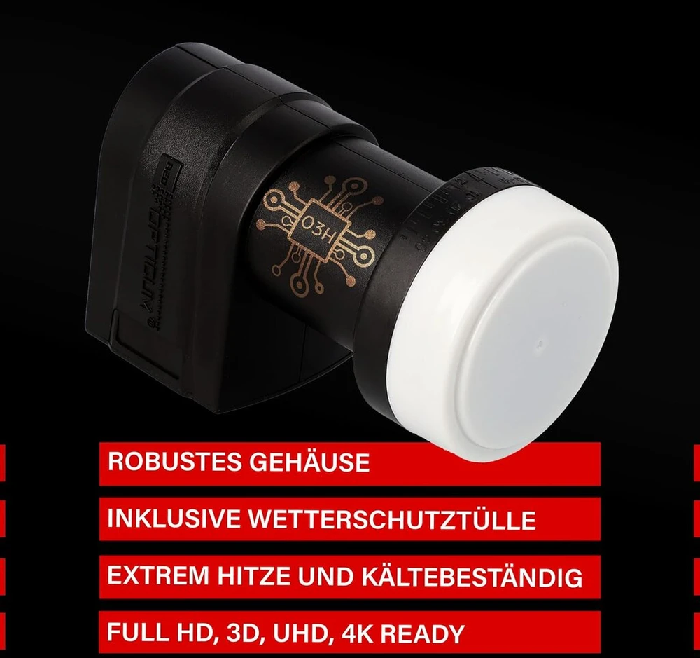 Televizorius Raudona Opticum 03h Series Twin Lnb: Lnb 4x Digital Hd 4k, du išėjimai Dvb-s2, atsparus oro sąlygoms su apsauga nuo lietaus, suderinamas su sat finder, kompaktiškas ir lengvas