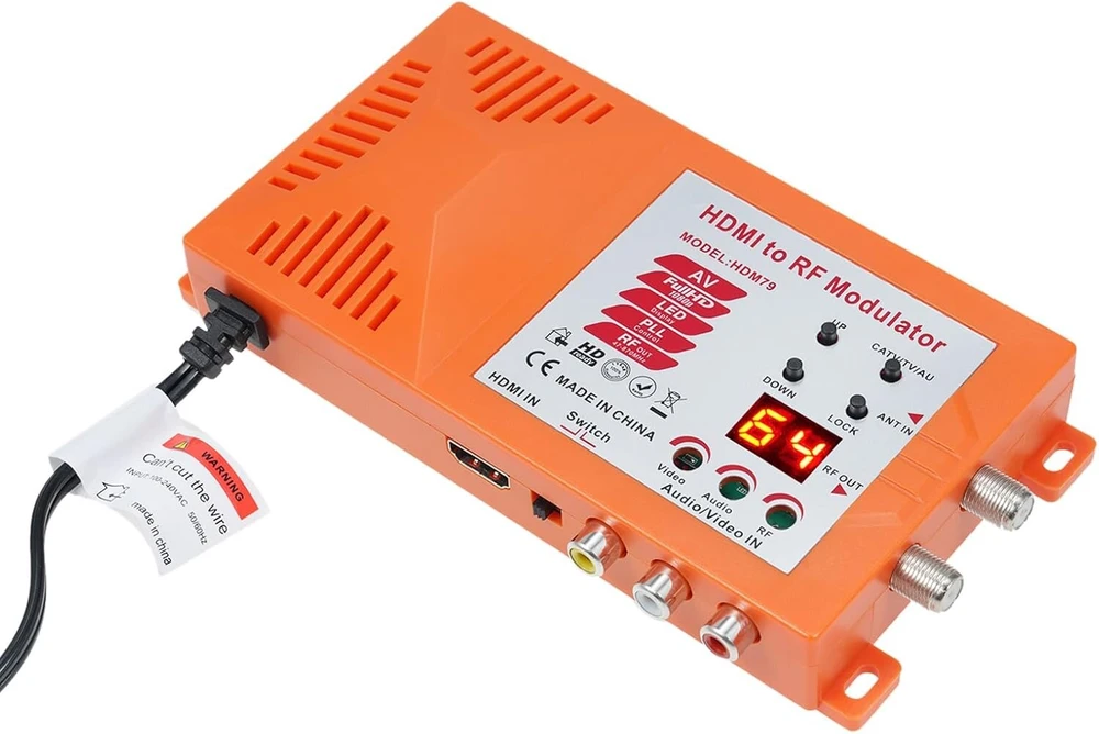 Televizorius Tv/av į rf moduliatorius koaksialinis uhf konverterio adapteris su ant & kanalo jungikliu žaidimų nešiojamam kompiuteriui blu-ray hd skaitmeninis av vaizdo įrašas į analoginį koaksialinį ntsc televizorių