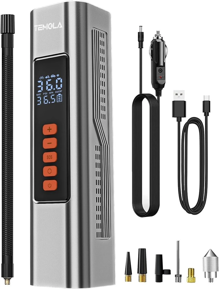 Temola elektrinis akumuliatorinis oro siurblys, 150 Psi akumuliatorinis oro siurblys, elektrinis oro siurblys, elektrinis dviračio siurblys su skaitmeniniu ekranu ir avariniu apšvietimu, mini kompresorius automobilių priedams, dviračiams