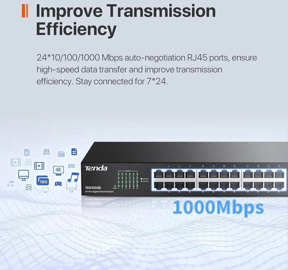 Tenda Teg1024d, 24 prievadų gigabitinis komutatorius, nevaldomas montuojamas į stelažą ethernet komutatorius, 24 prievadų su srauto optimizavimu, plug & play, be ventiliatoriaus ir metalinis dizainas