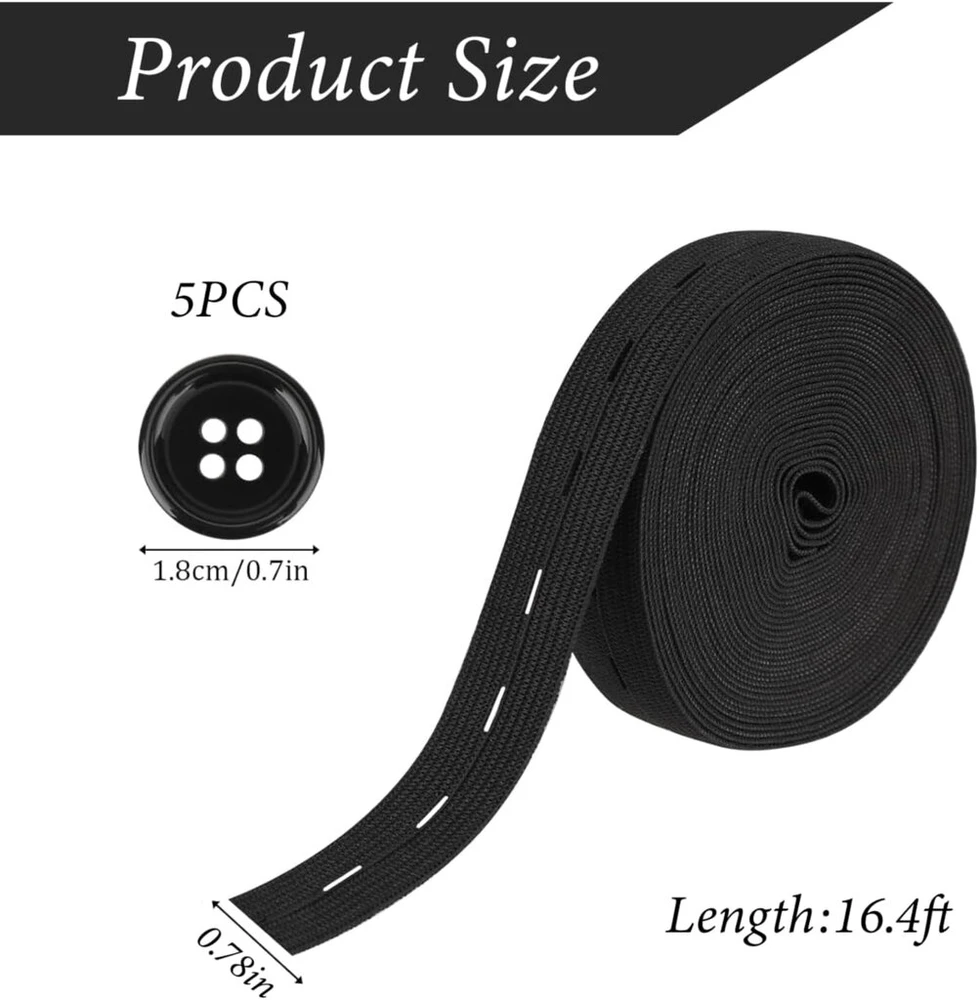 Tengee elastinė juosta siuvimui, 2 m elastinė juosta siuvimui, plokščia siuvimo juosta su sagų kilpelėmis, elastinė, juoda elastinė juosta, plati kelnių guma, su 5 dervos sagomis, drabužiams, perukui, diržui