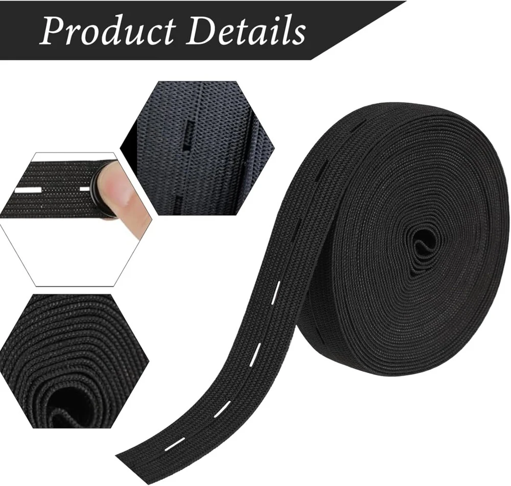 Tengee elastinė juosta siuvimui, 2 m elastinė juosta siuvimui, plokščia siuvimo juosta su sagų kilpelėmis, elastinė, juoda elastinė juosta, plati kelnių guma, su 5 dervos sagomis, drabužiams, perukui, diržui