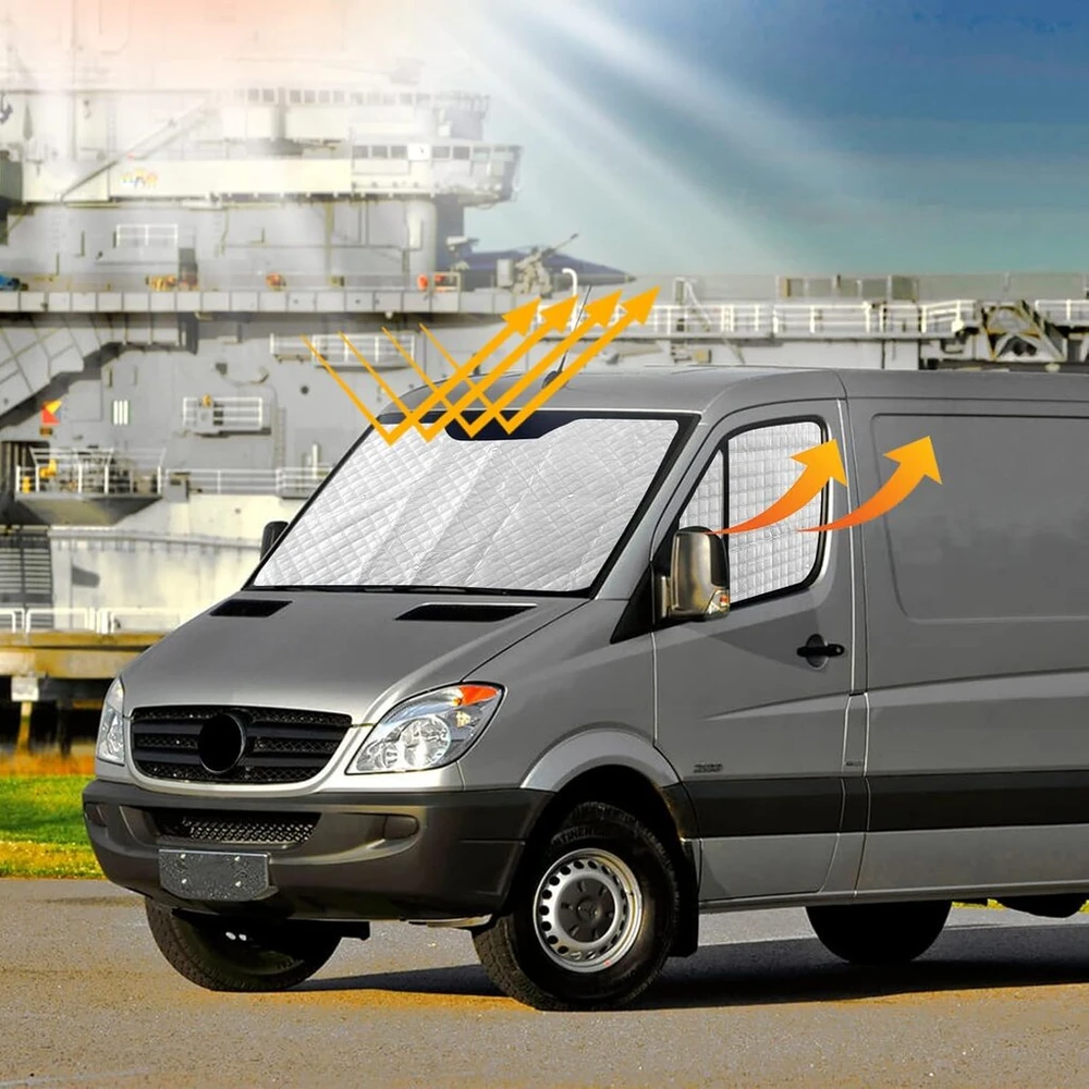 Termoizoliacinė priekinio stiklo uždanga Opaltool Mercedes Sprinter 2006-2019 automobiliams, 3 vnt., atspari vandeniui, Uv spinduliams, apsauga nuo saulės, žiemą apsauga nuo sniego, priekinio stiklo uždangalas su juoda nugara, 98% užtamsinimas