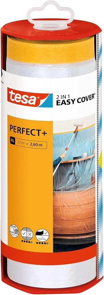 Tesa Easy Cover Perfect+ Dispenser Xl - 2-in-1 dažymo plėvelė su washi maskavimo juosta ir dozatoriumi - švariems, tiksliems pjūviams - su ašmenų dangteliu - 17 m x 2,60 m