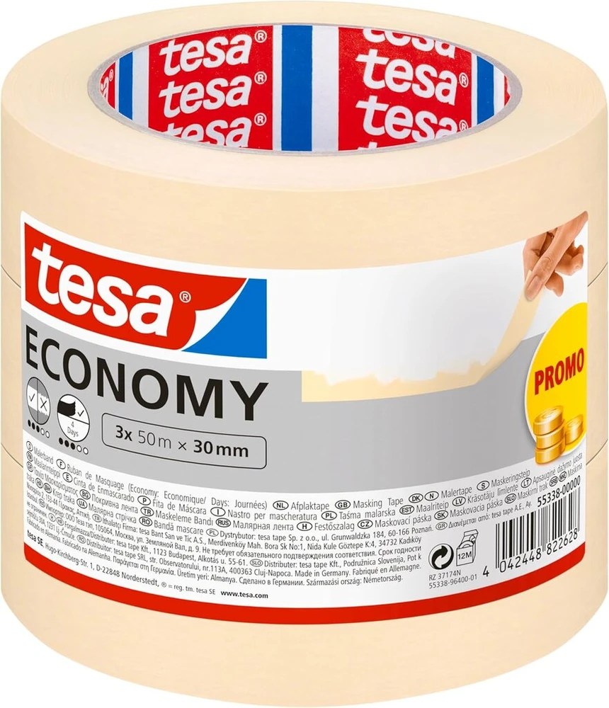 Tesa maskavimo juosta lengviems dažymo darbams, 3 vnt., 50 m x 30 mm, smėlio spalvos, 55338-00000-06