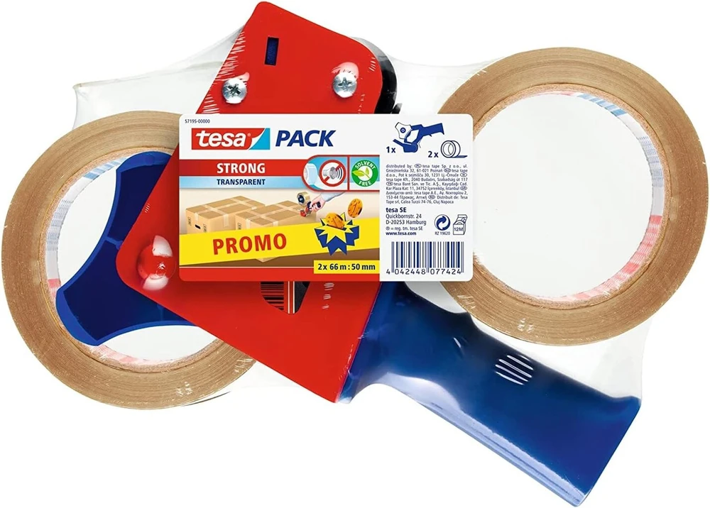 Tesa siuntų pakavimo juostos dozatorius ir tesapack siuntų pakavimo juostų rinkinys - 2 x aukštos kokybės pakavimo juosta su 1 dozatoriumi - skaidri - 66 m x 50 mm (reklaminis rinkinys + 6 atsarginiai ritinėliai)