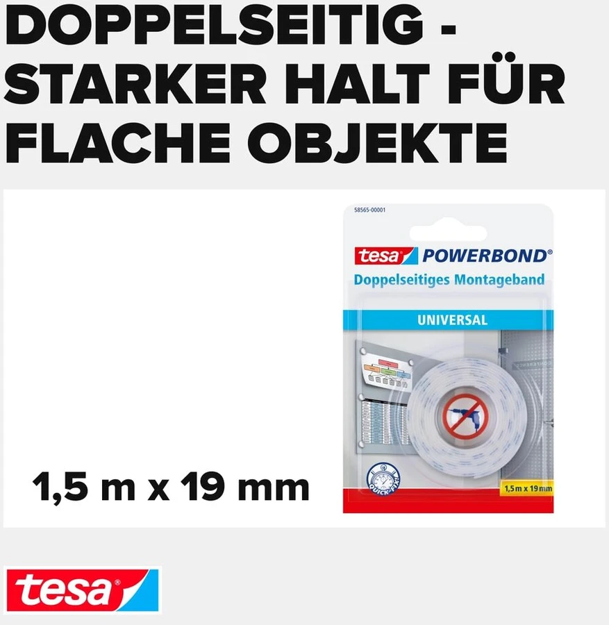 Tesa Uk 58565-00001-00 Powerbond Universal dvipusė putų juosta rankdarbiams - balta, 1.5 m x 19 mm