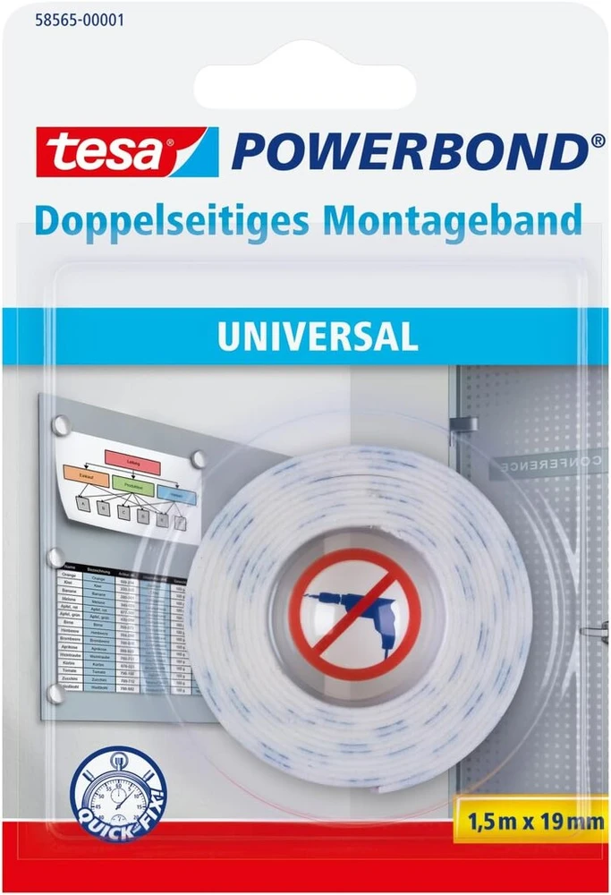 Tesa Uk 58565-00001-00 Powerbond Universal dvipusė putų juosta rankdarbiams - balta, 1.5 m x 19 mm