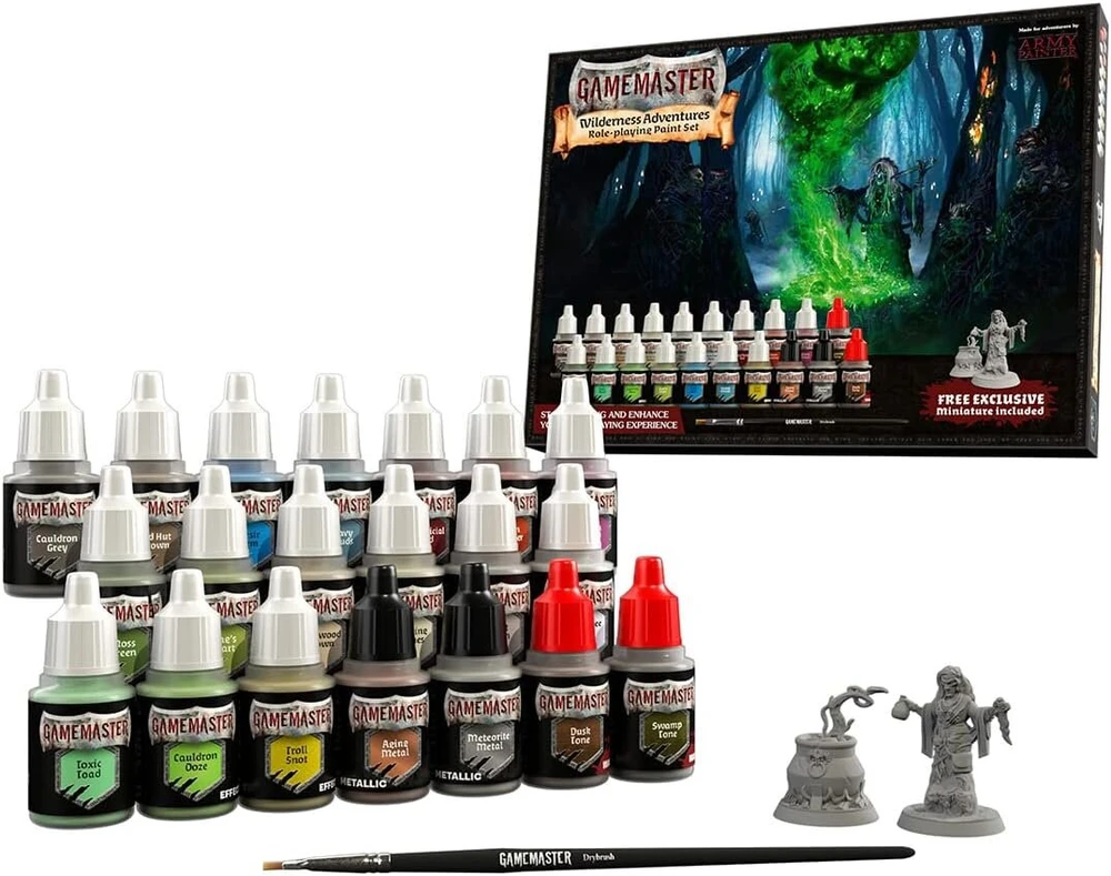 The Army Painter Gamemaster: Wilderness Adventures dažų rinkinys, 20 buteliukų su lašintuvu po 12 ml akrilinių dažų miniatiūroms, 1 sausas teptukas, 1 ragana miniatiūra stalo vaidmenų žaidimams Dungeons & Dragons