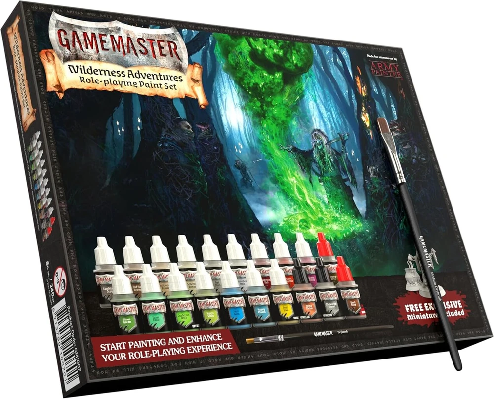 The Army Painter Gamemaster: Wilderness Adventures dažų rinkinys, 20 buteliukų su lašintuvu po 12 ml akrilinių dažų miniatiūroms, 1 sausas teptukas, 1 ragana miniatiūra stalo vaidmenų žaidimams Dungeons & Dragons