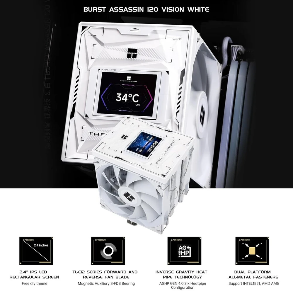 Thermalright Burst Assassin 120 Vision Baltas Cpu aušintuvas oru Ips 2.4" pasukamas ekranas 120mm palaikymas pirmyn ir atgal Intel Lga1700/1150/1151/1200/1851 Amd Am4/am5